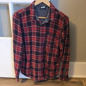 Vans Men's Casual Red and Black Plaid Shirt
